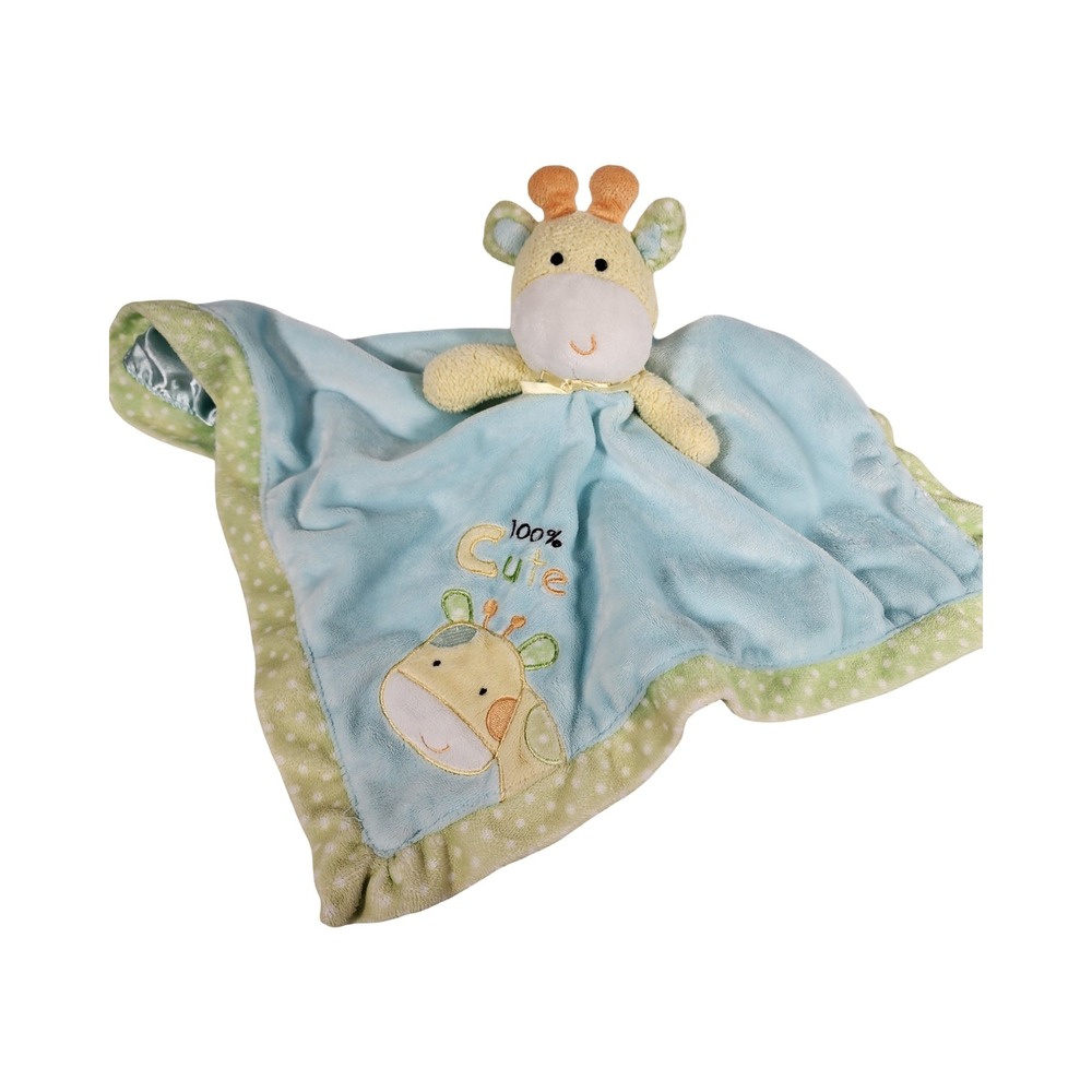 Okie Dokie Giraffe Baby‎ Lovey Security Blanket Blue Satin Back 100% Cute 14x14